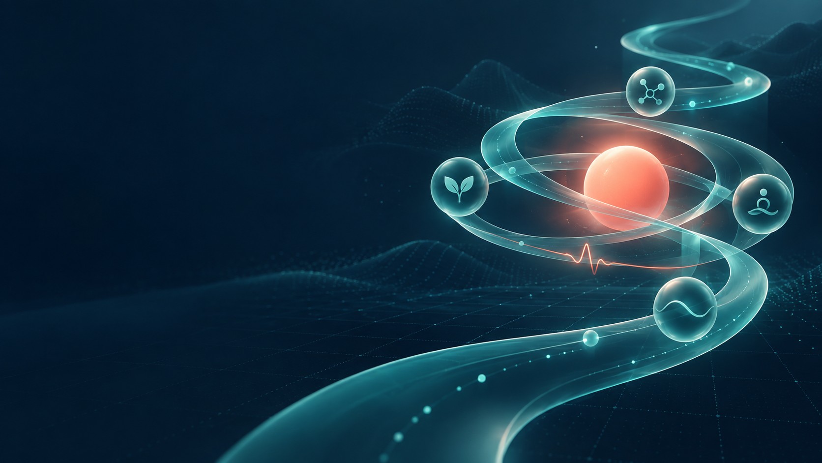 Abstract digital health ecosystem with flowing teal care pathways
